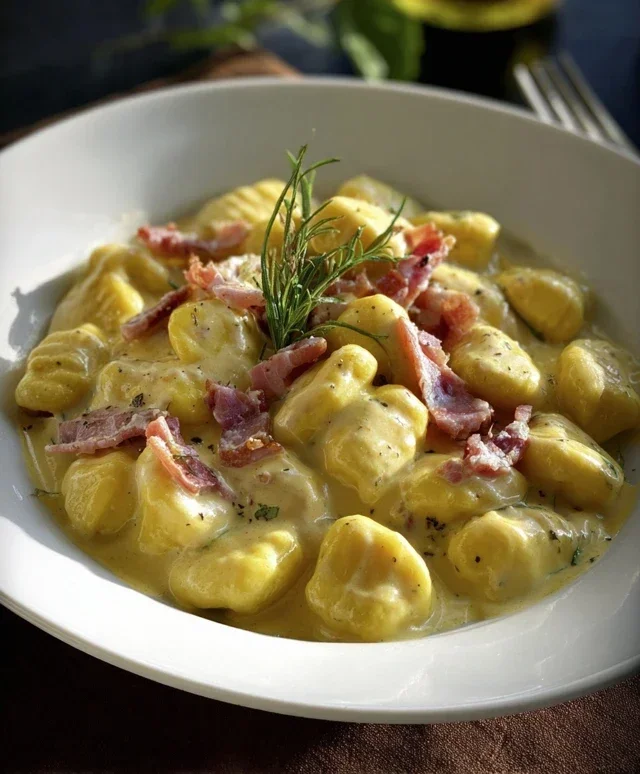 Gnocchi con crema di zafferano e speck