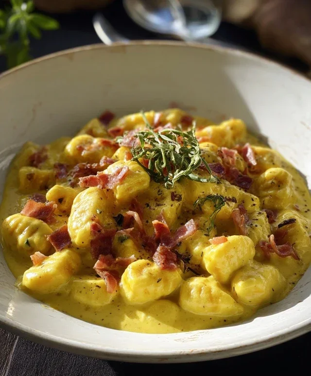 Gnocchi con crema di zafferano e speck