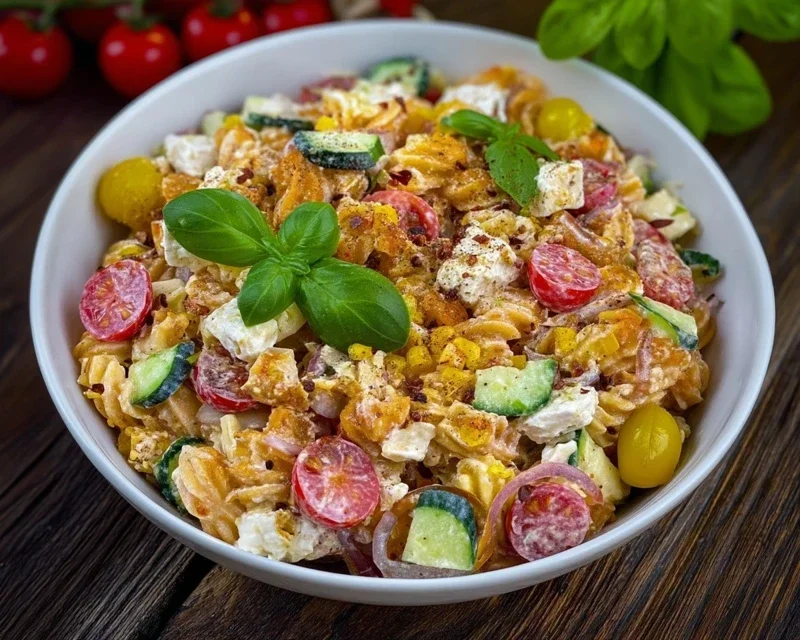 Crispy Pasta Salat mit Feta & Gemüse