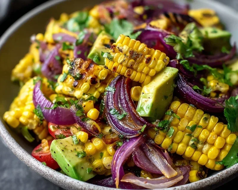 Charred Corn Avocado Salad with Roasted Red Onions