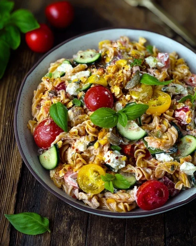 Crispy Pasta Salat mit Feta & Gemüse