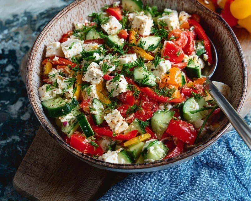 Mediterraner Reissalat mit Feta, Gurken und Paprika