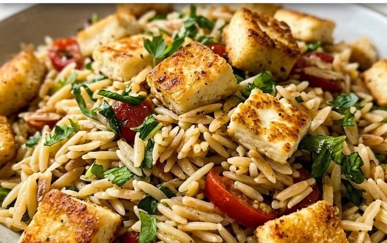 Kritharaki-Salat mit Halloumi-Croutons