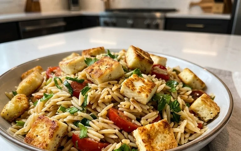 Kritharaki-Salat mit Halloumi-Croutons