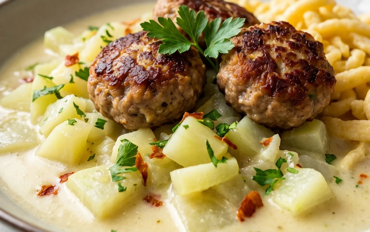 Kohlrabigemüse in heller Soße mit Frikadellen und Spätzle