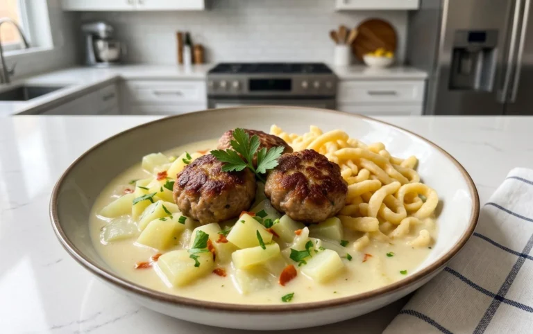 Kohlrabigemüse in heller Soße mit Frikadellen und Spätzle