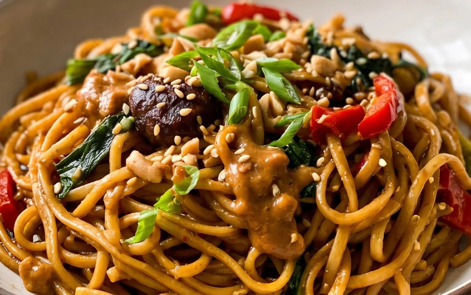 Mie Nudeln mit Erdnusssauce und Gemüse