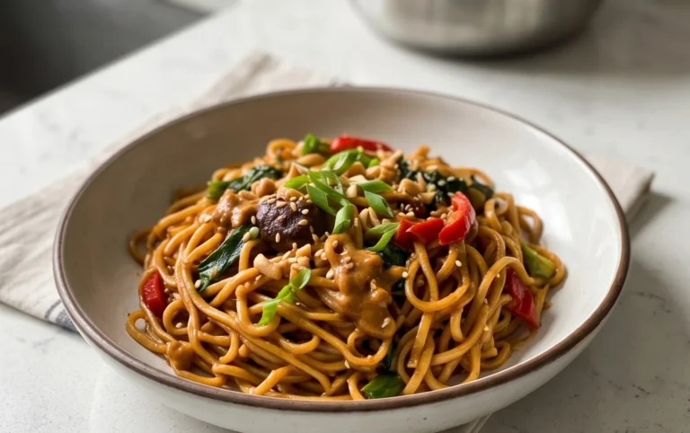 Mie Nudeln mit Erdnusssauce und Gemüse