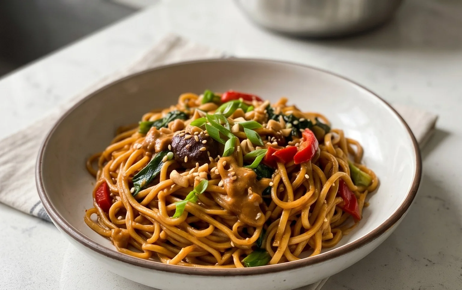 Mie Nudeln mit Erdnusssauce und Gemüse