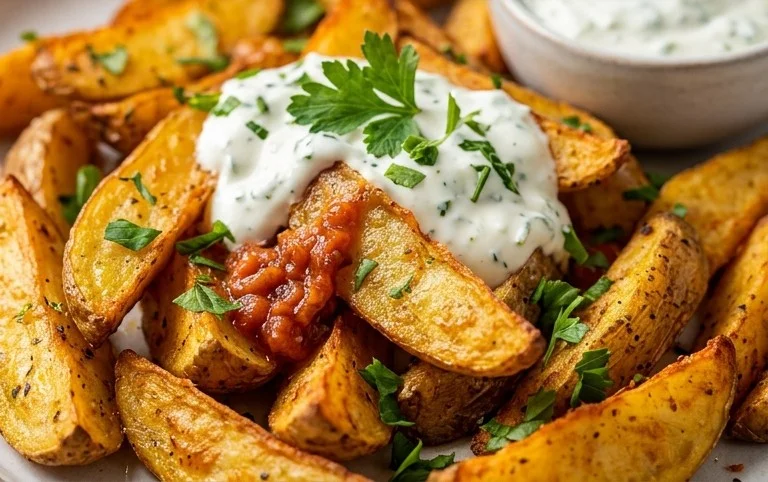 Kartoffelspalten mit Gurkendip