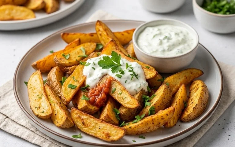 Kartoffelspalten mit Gurkendip
