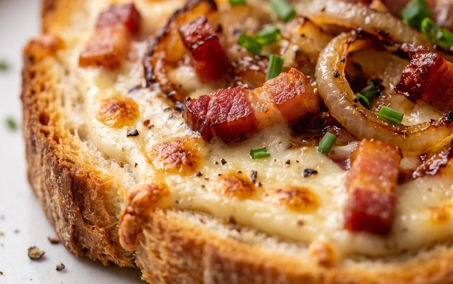 Flammkuchen Toast mit Speck und Zwiebeln