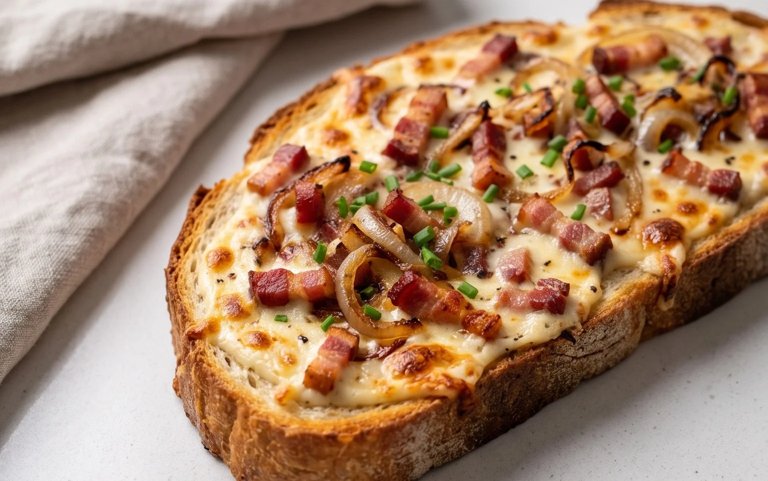 Flammkuchen Toast mit Speck und Zwiebeln