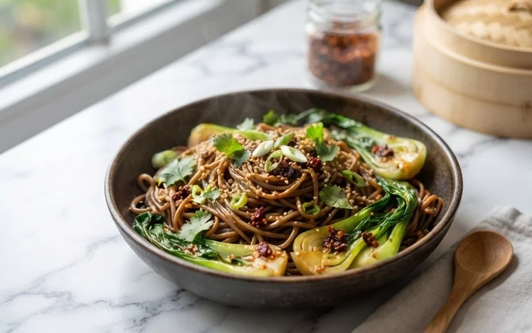 Spicy Garlic Soba Noodles with Bok Choy