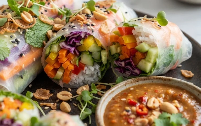Rainbow Spring Rolls with Gin Extractger Peanut Sauce