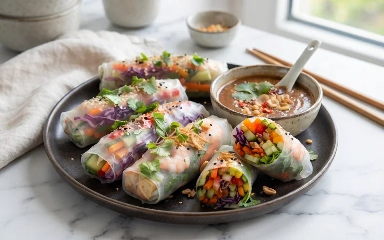 Rainbow Spring Rolls with Gin Extractger Peanut Sauce