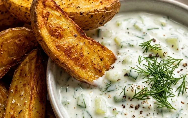 Kartoffelspalten mit Gurkendip