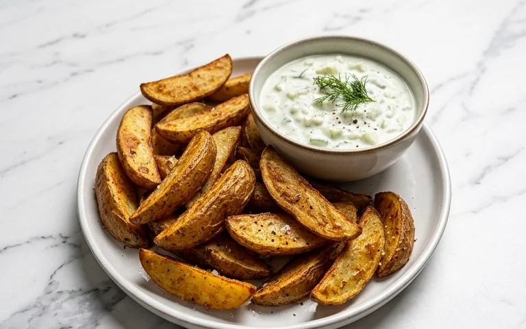 Kartoffelspalten mit Gurkendip