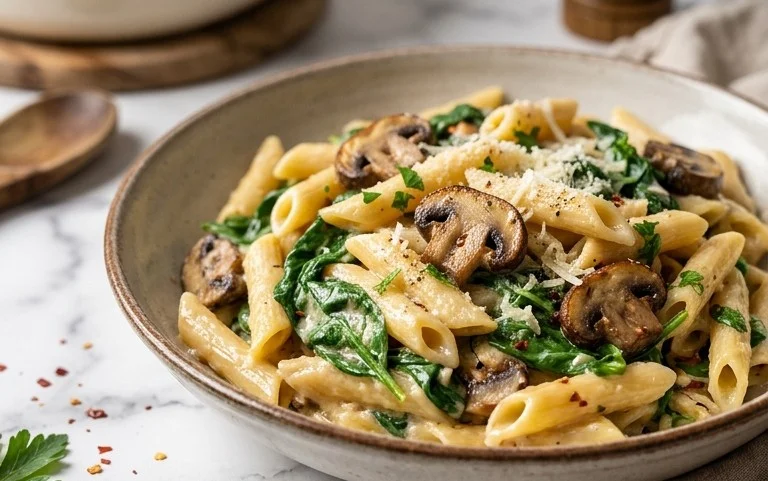 One-Pot Garlic Parmesan Pasta with Spinach and Mushrooms