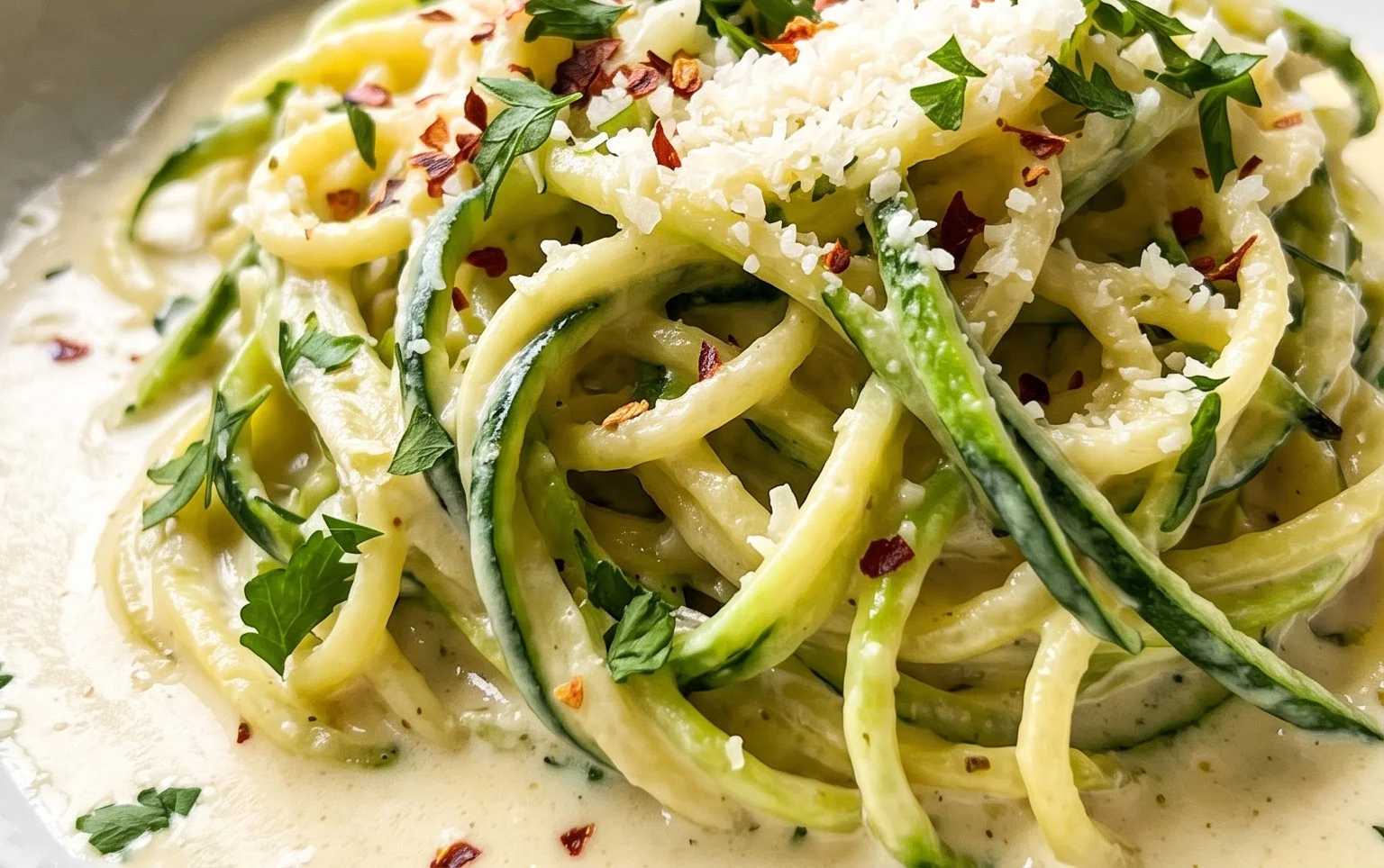 Zucchini-Spaghetti in cremiger Sauce– Zoodles