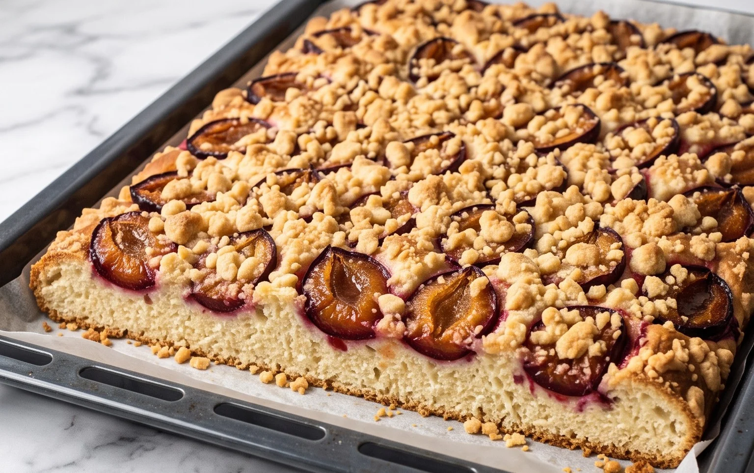 Rezept für Streusel-Pflaumenkuchen vom Blech mit Hefeteig