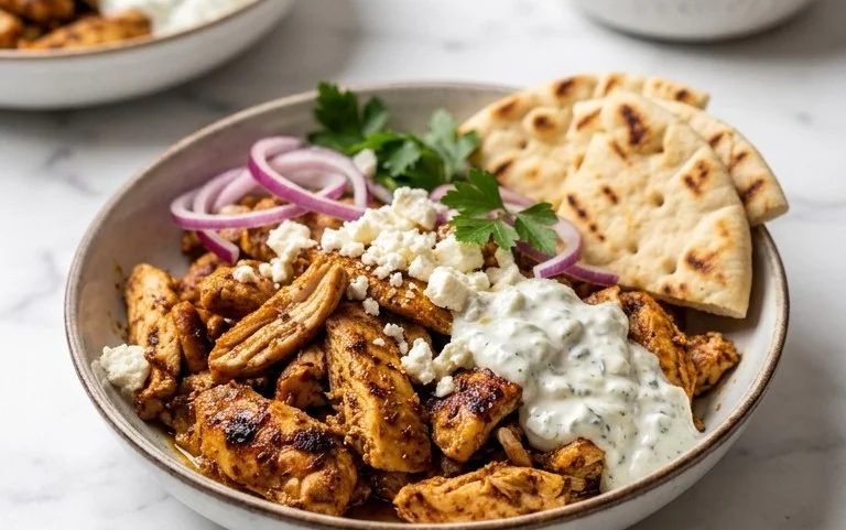 Mediterranes Hähnchen-Gyros mit Feta-Tzatziki genießen!