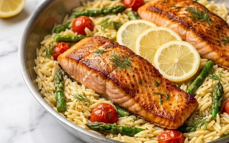 One Skillet Salmon with Lemon Orzo